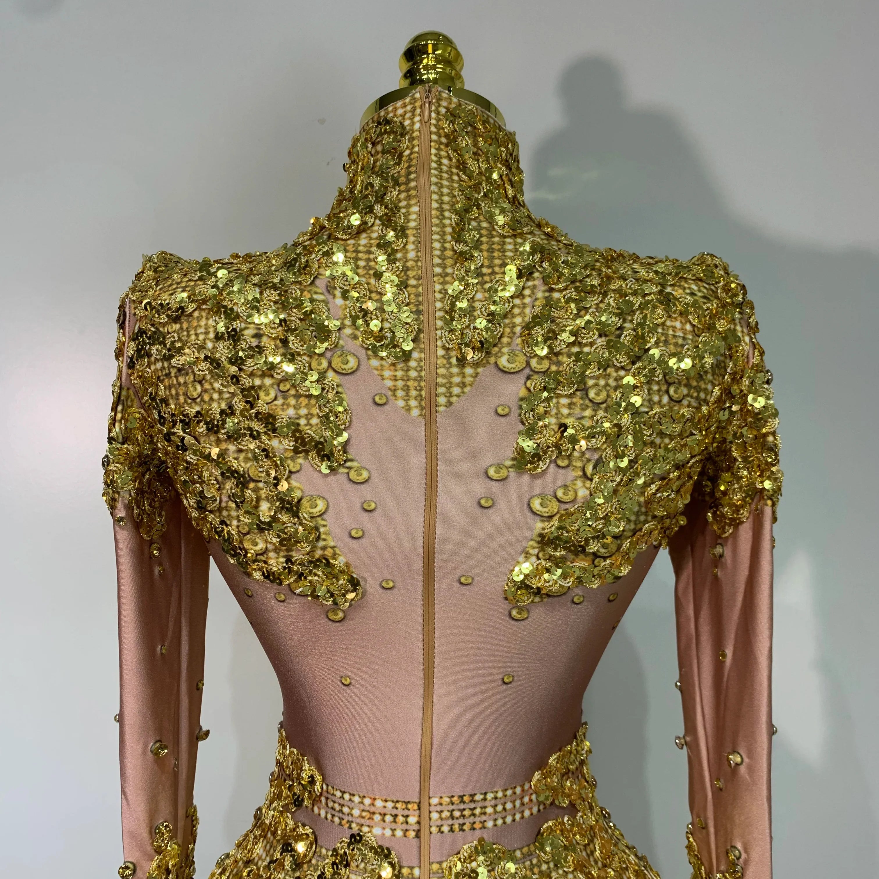 Sparkly Gold Rhinestone Sequin Stretch Bodysuits  Women Luxury Birthday Party Nightclub Dancer Stage Performance Costume