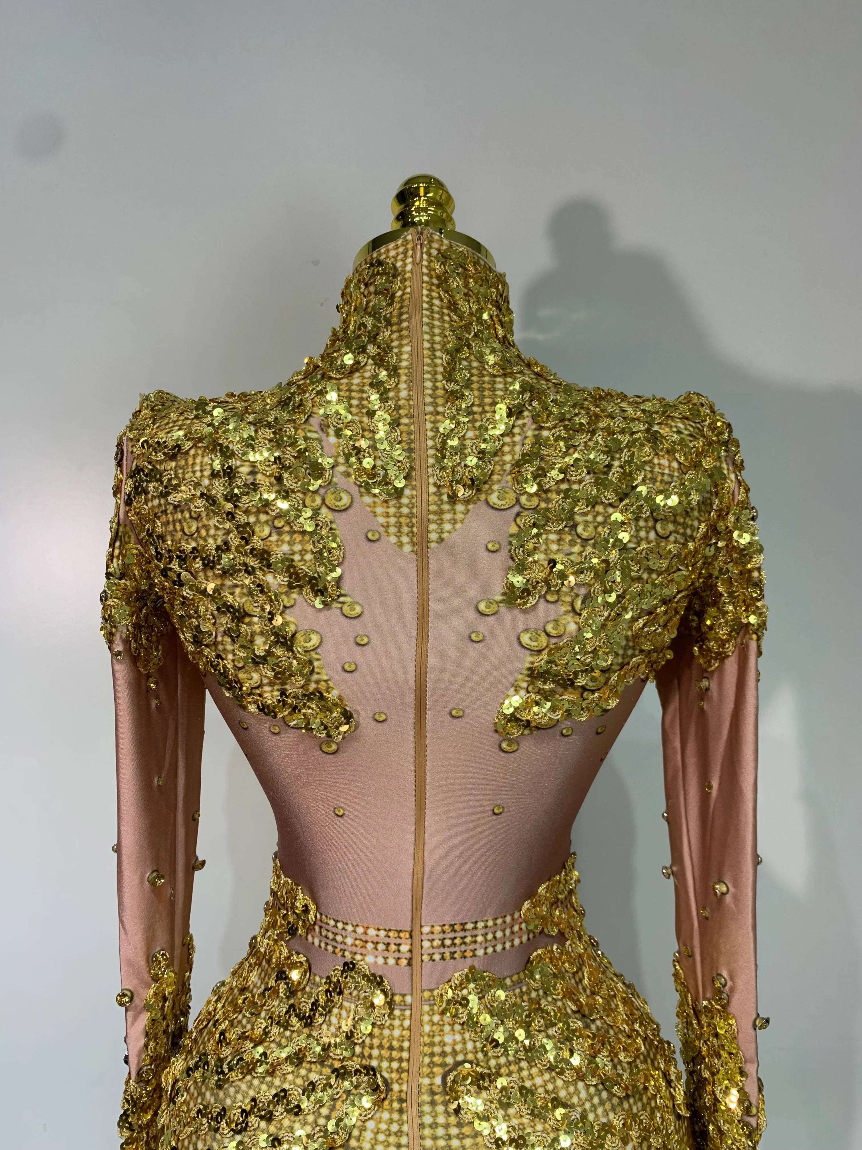 Sparkly Gold Rhinestone Sequin Stretch Bodysuits  Women Luxury Birthday Party Nightclub Dancer Stage Performance Costume