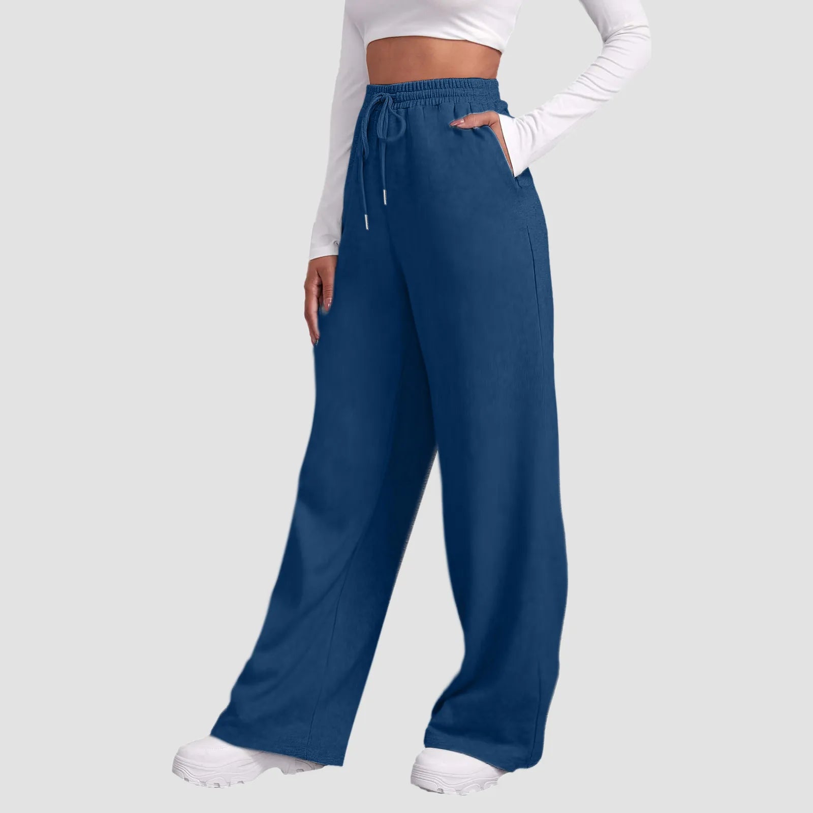 Wide Leg Pants For Women’S Fleece Lined Sweatpants Straight Pants Bottom All-Math Plain Fitness Joggers Travel Basic Pants Navy-B CN