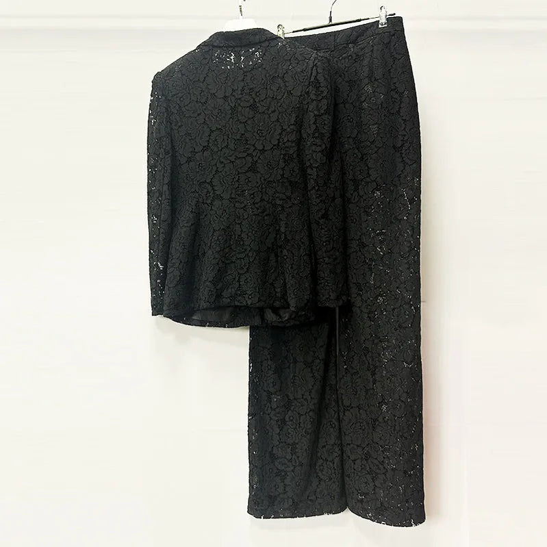 TWOTWINSTYLE Solid Sheer Spliced Lace Two Piece Sets for Women Lapel Long Sleeves Patchwork Button Top Pant Elegant Set Female