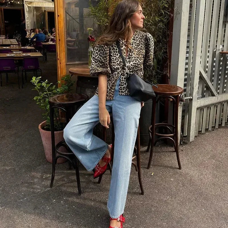 Bow Tied Lace Up Shirt Women Pleats Office Puff Sleeve Female Chic Slim Solid Tops Summer Sweet Lady V Neck Tops Leopard 2