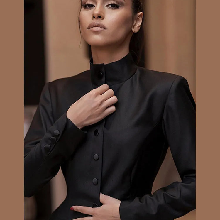 Chic Button Black Mini Dress Women Vintage Long Sleeve Solid High Collar High Waist A-line dresses Female Evening Party Vestidos
