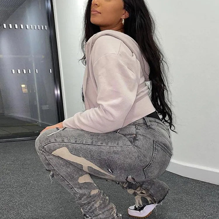 Casual Ripped Hole Jeans Women Fashion Gray Print High Waist Denim Skinny Trousers Streetwear Bottoms Y2K Stacked Pants