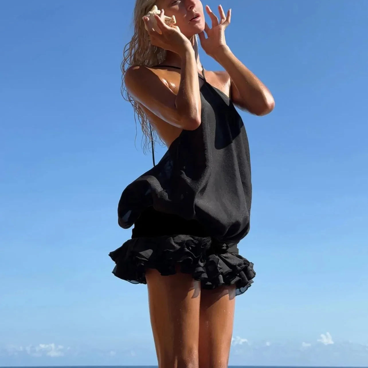 Summer Black Color Women Sexy Halter Backless Loose Ball Gown Mini Dress Beach Style Girls' Vacation Birthday Outfit