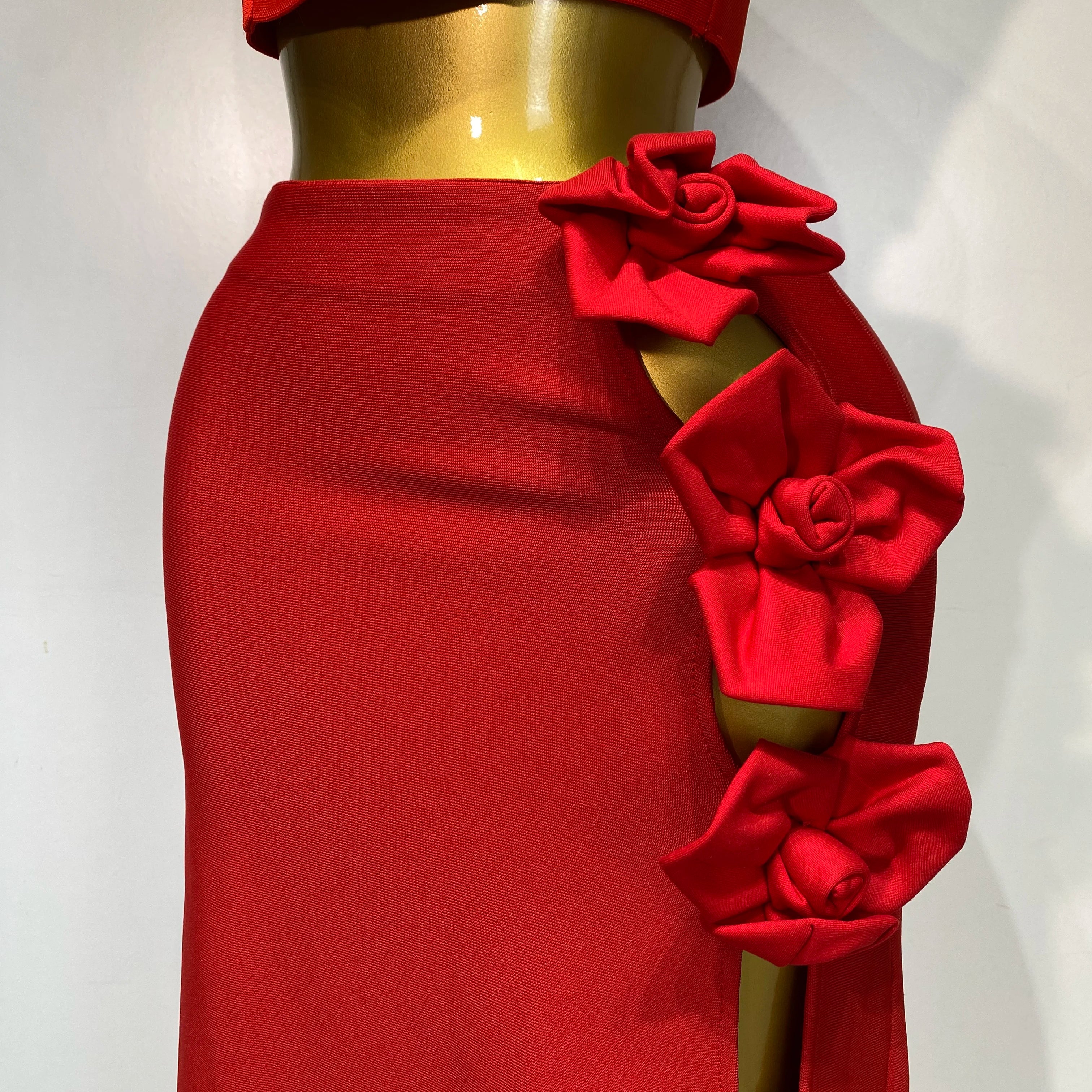 Women Red Top Flower Skirt Two Piece Set Evening Party Nightclub Elegant Host Tight Sexy Club Bodycon Bandage Long Skirt