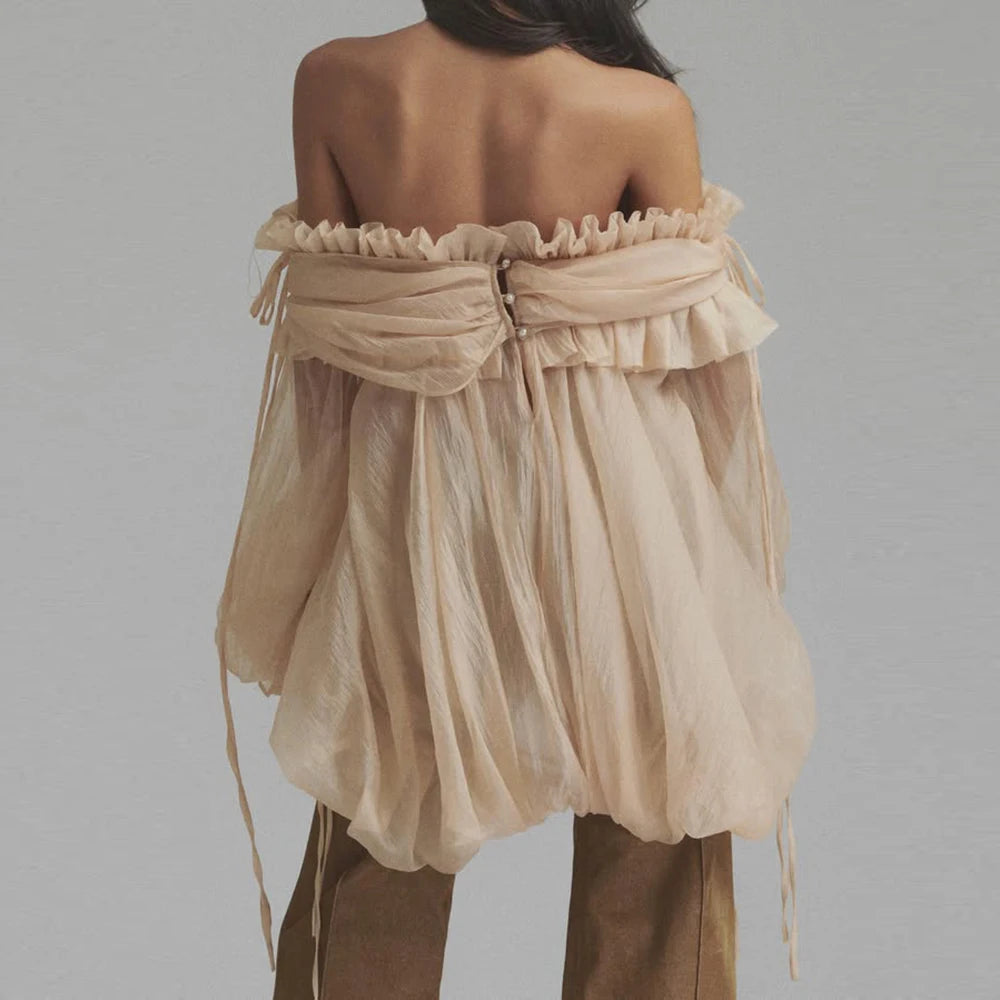 TWOTWINSTYLE Solid Loose Spliced Folds Blouse for Women Slash Neck Long Sleeves Patchwork Lace Up Fashion Top Female Clothing