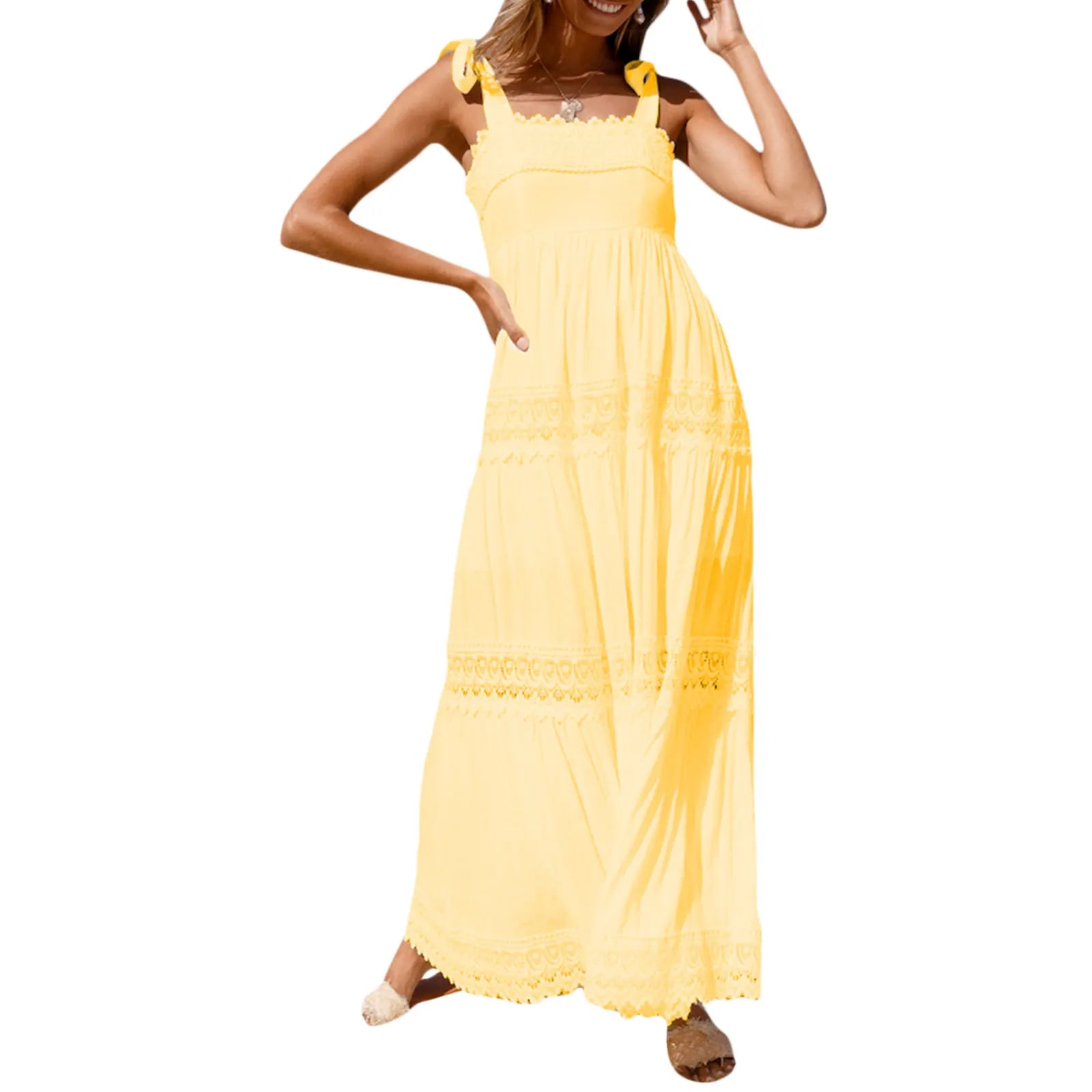 Summer Solid Tunic Women Maxi Dress V Neck Female Elegant Ruffles Party Long Dresses Beach Spaghetti Strap Casual Sundress 8 XL