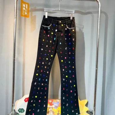 Exquisite Rhinestone Beaded Black Bell-Bottom Pants Women's Autumn Winter Jeans High Waist All-Matching Denim Blue Pants Black