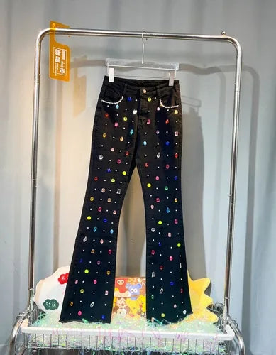 Exquisite Rhinestone Beaded Black Bell-Bottom Pants Women's Autumn Winter Jeans High Waist All-Matching Denim Blue Pants Black