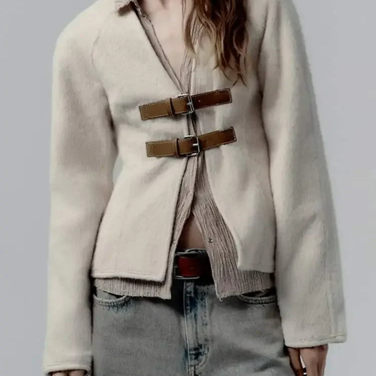 Vintage Leather Buckle Woolen Coat For Women Fashion V Neck Long Sleeve Cropped Jacket Spring Female High Street Outerwear