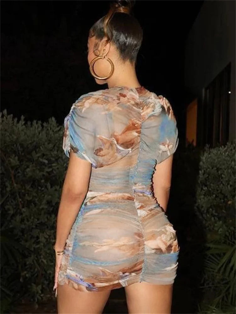 Multicolor Printed Mensh Dress Women Party Evening Clothes Slim fit X-shpe Vestidos De Brillo Fiesta Mujer Clothes For women