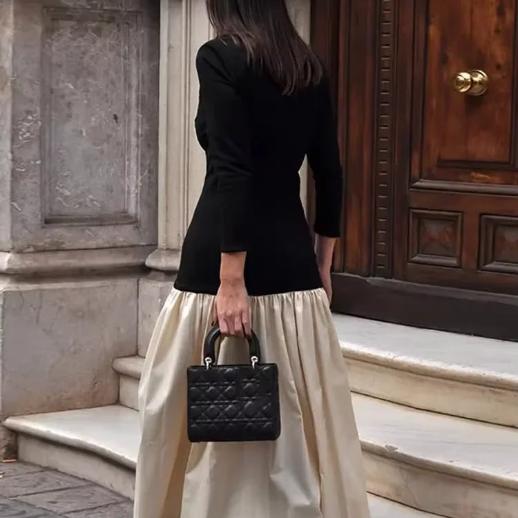 Vintage Women Ruffle Edge Splicing Full Sleeve Dress Fashion Round Neck A-line Maxi Dresses 2025 Lady Spring Highstreet Robe