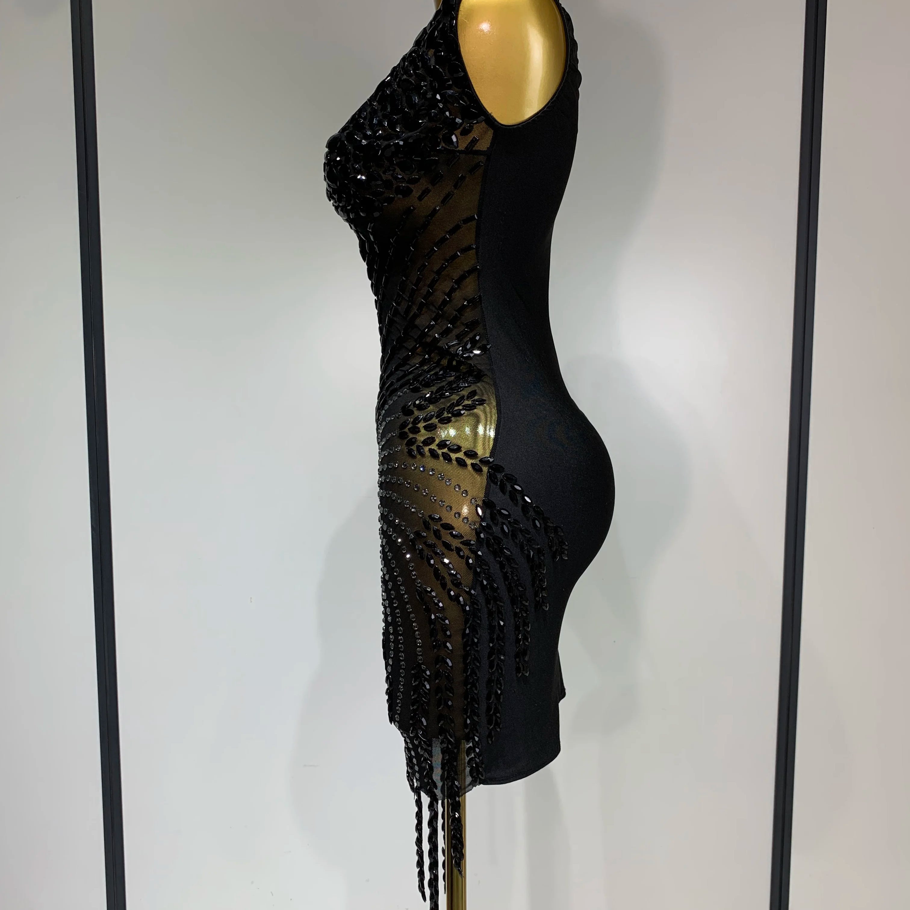 Women Sexy Stage Performance Outfit Sparkly Rhinestones Bodycon Dress Birthday Celebrate Evening Party Nightclub Mesh Dress