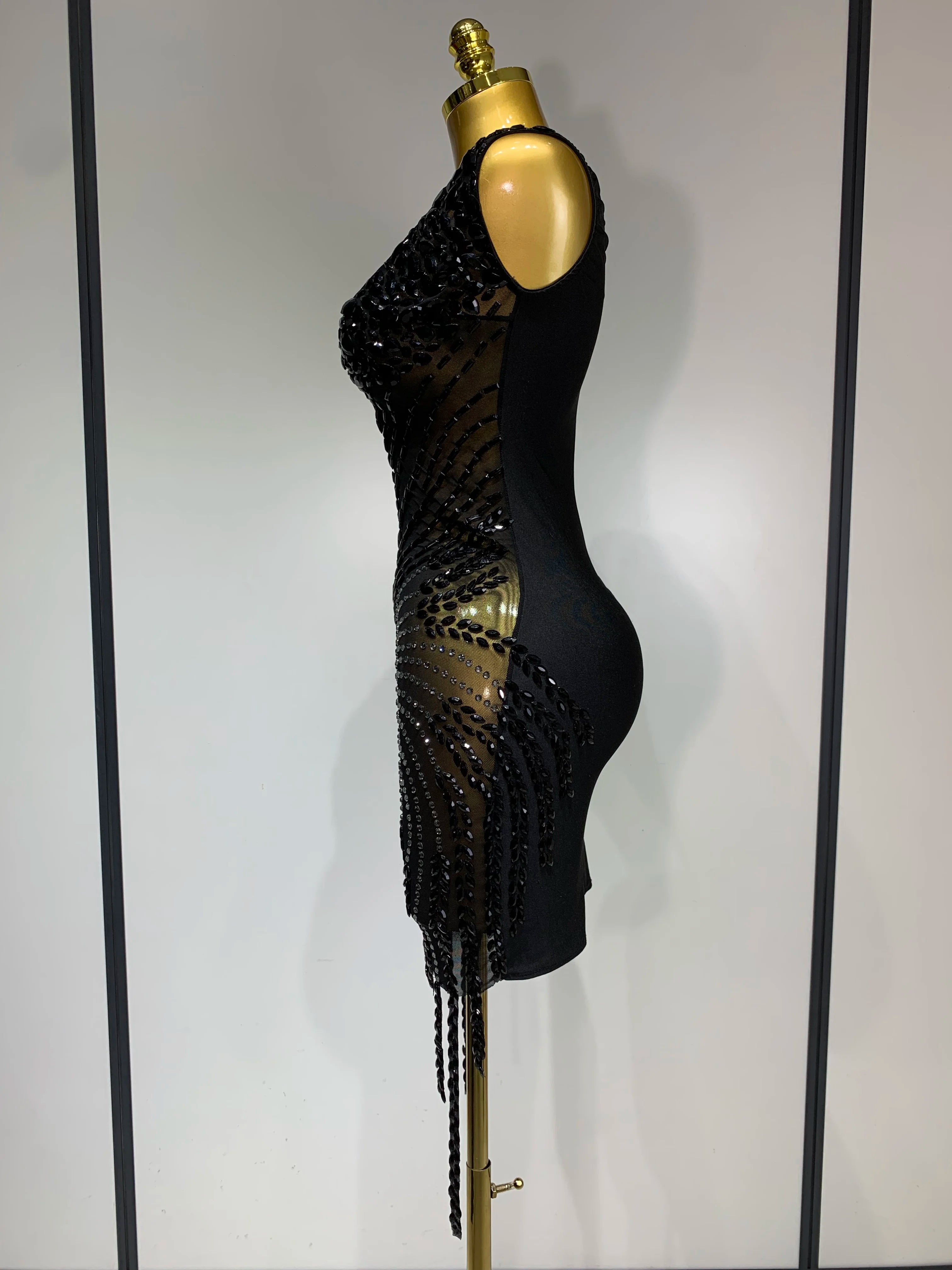 Women Sexy Stage Performance Outfit Sparkly Rhinestones Bodycon Dress Birthday Celebrate Evening Party Nightclub Mesh Dress