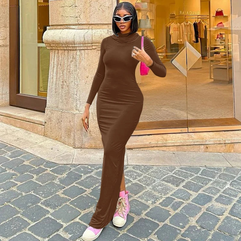 Women 2024 Autumn Winter Fashion Long Sleeve Streetwear Hooded Bodycon Long Dress Wholesale Items For Business Coffee
