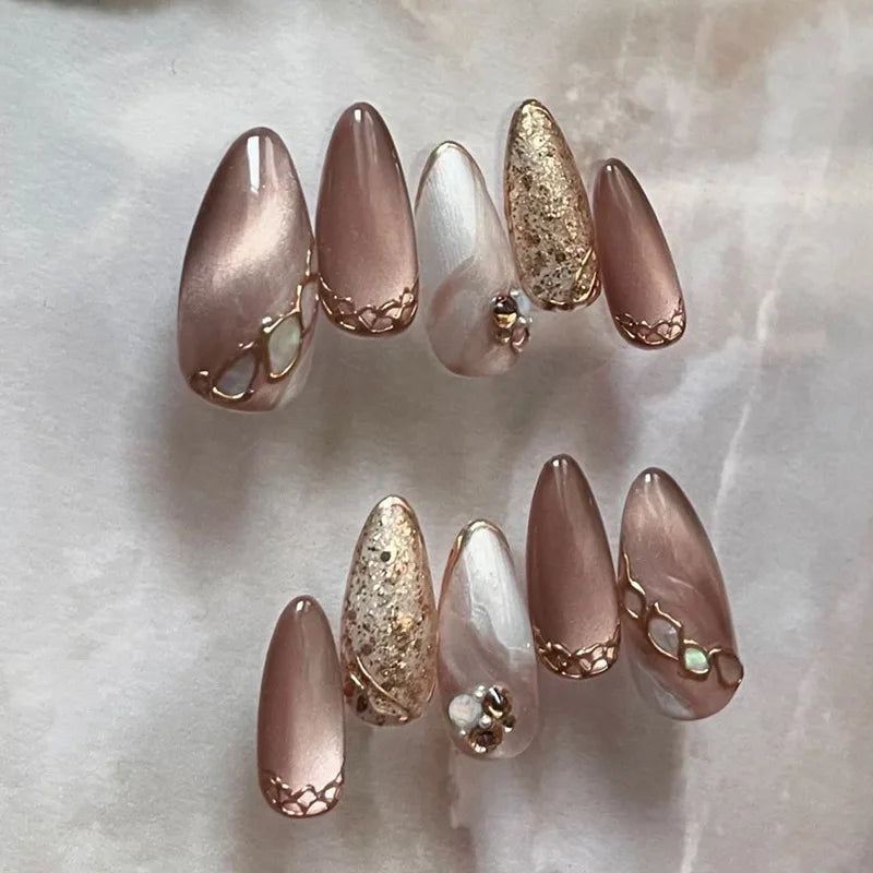 24Pcs Pink Gradient Almond Fake Nails Press on With Pearl Rhinestone Design False Nails Bow Flower Pattern Full Cover Nails Tips