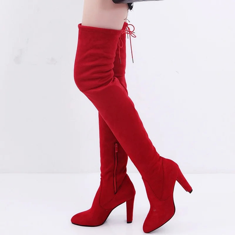 Sexy Party Fashion Suede Leather Shoes Women Over The Knee Heels Boots Stretch Flock Pointed Thick Heel Botas Black Long Boots