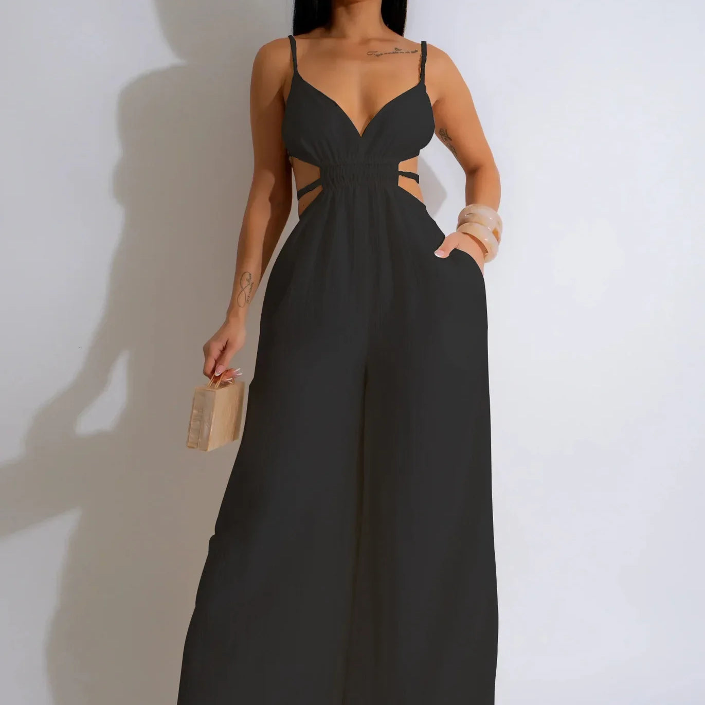 CM.YAYA Women Sleeveless Strap V-neck Backless Wide Leg Long Jumpsuits 2025 Summer Beach Night Club Street Sexy Outfit Rompers