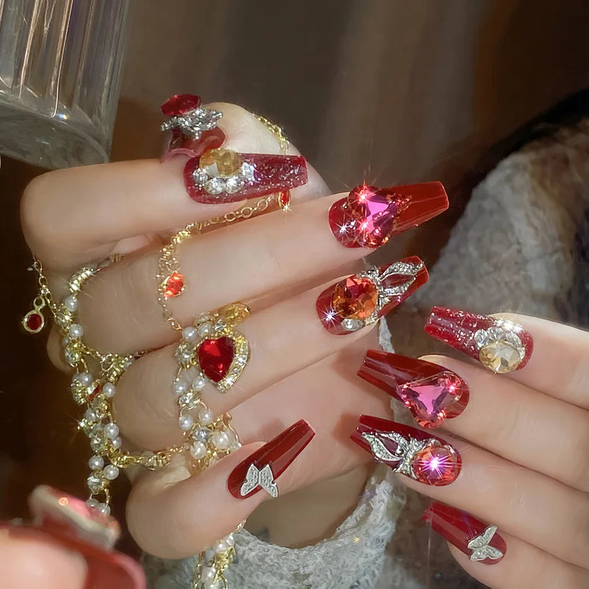 24pcs Love Crystal Decor Press on Nails Pink Bow Design Fake Nail Tips Bride Wedding Wearable Shiny Coffin Head Fake Nails