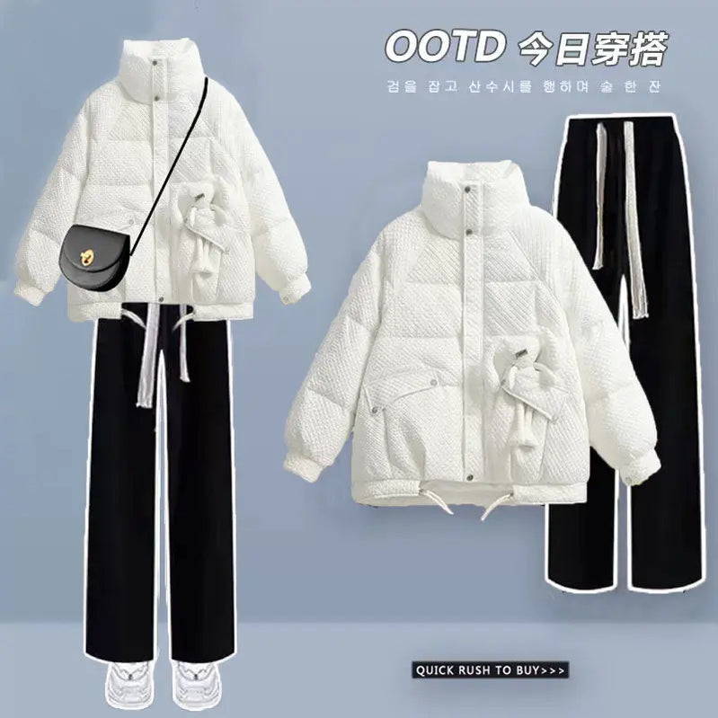 Korean Style Loose and Thickened Cotton Jacket Price Casual Wide Leg Pants Two-piece Elegant Women's Pants Set Winter Outfits white set