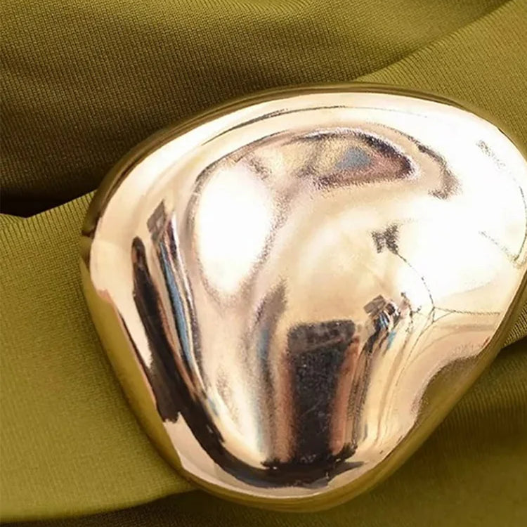 Sexy One-shoulder Pleat Short Dress Women Solid Skew-collar Metal Button Hip-package Dresses 2025 Summer Party Club Vestidos