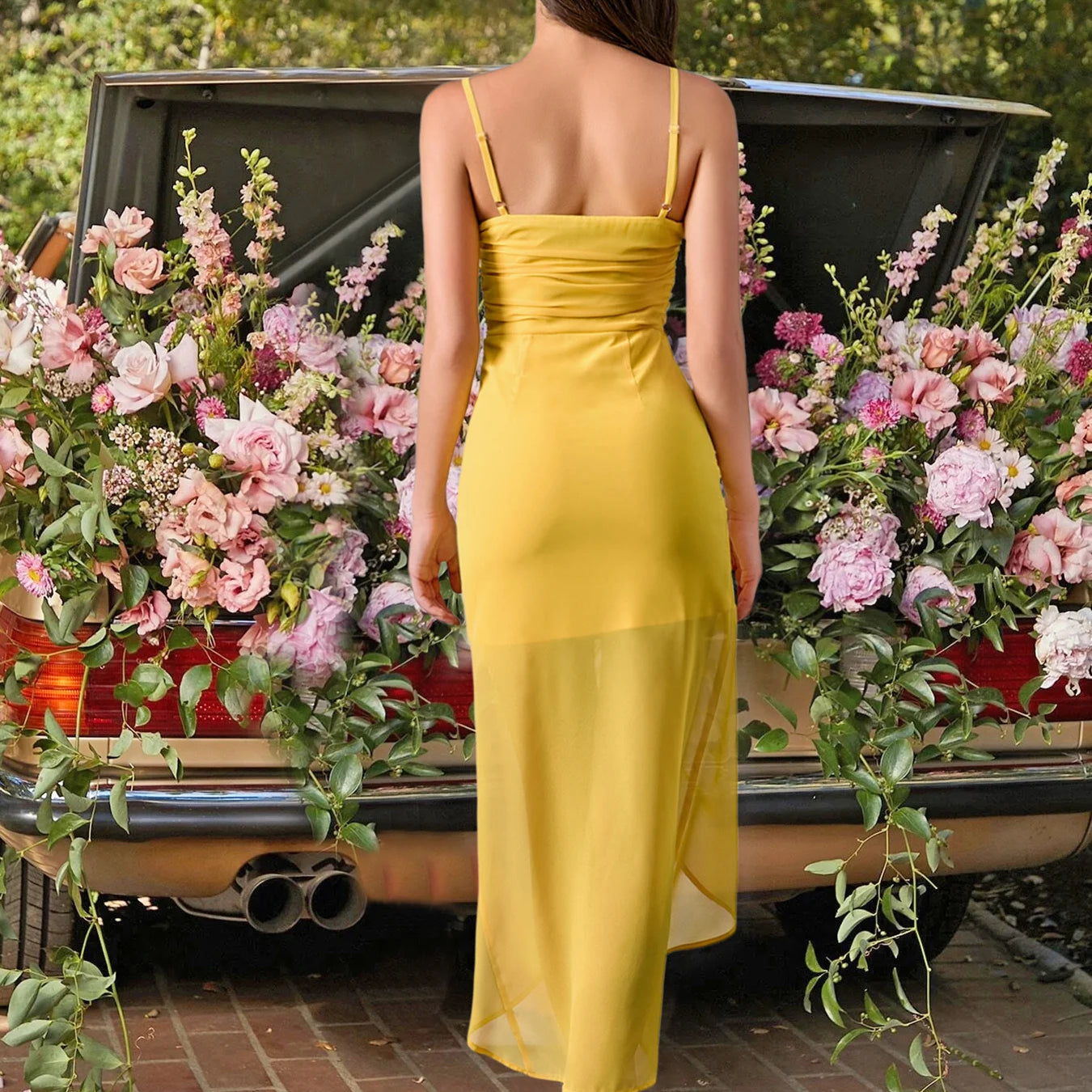 Summer Chiffon Long Dress Casual Square Neck Ruched Ruffle Halter Backless Bodycon Slim Dresses