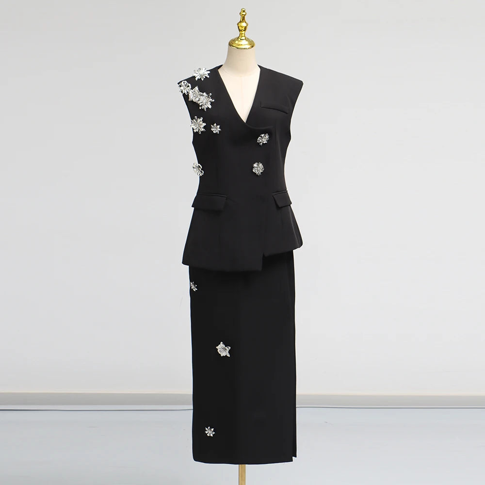 TWOTWINSTYLE Solid Spliced 3D Flower Two Piece Sets for Women V Neck Sleeveless Top High Waist Split Skirt Elegant Set Female