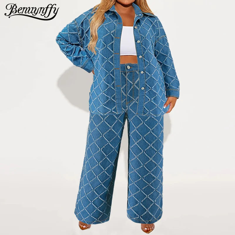 Benuynffy Plus Size Long Sleeve Single Breasted Denim Shirt Jacket And Wide Leg Jeans 2 Piece Sets Woman Outfit Casual 2025 New