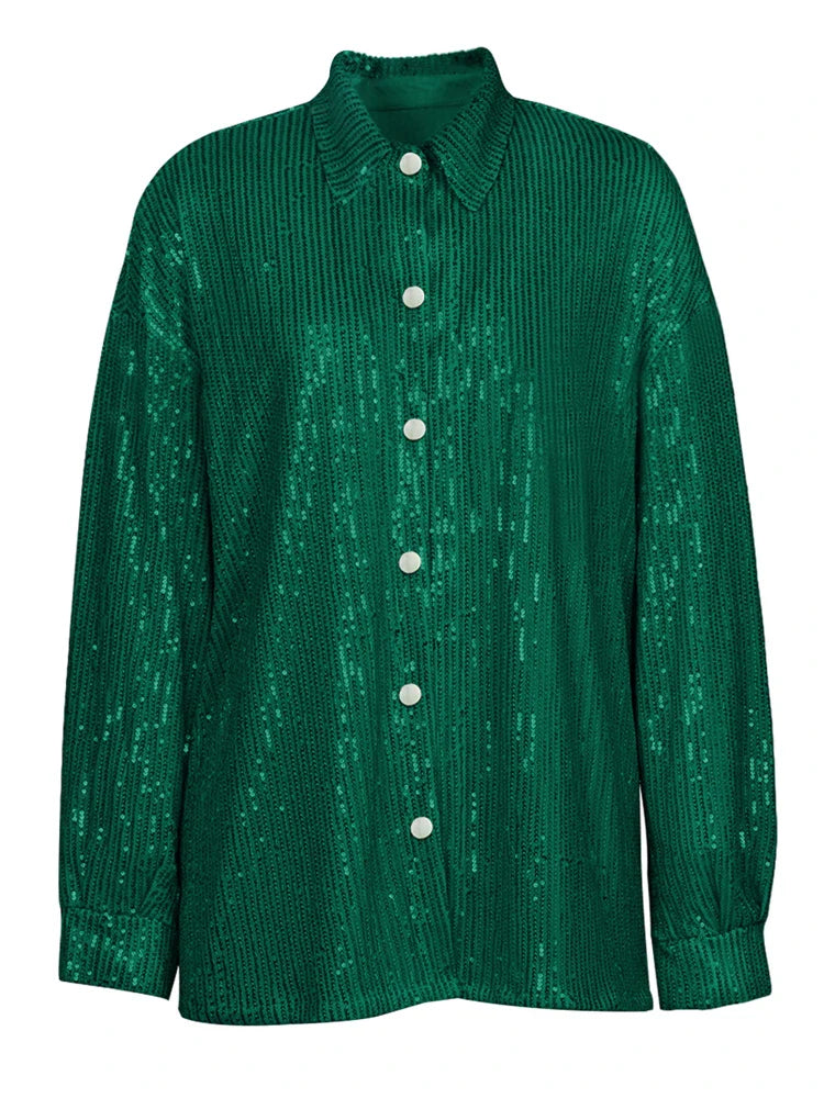 Tossy Sparkly Two-piece Set Party Outfits For Womens Sequin Top Blouse Shirt And Pants Suit Female Luxury Evening Tracksuit New Green Shirt