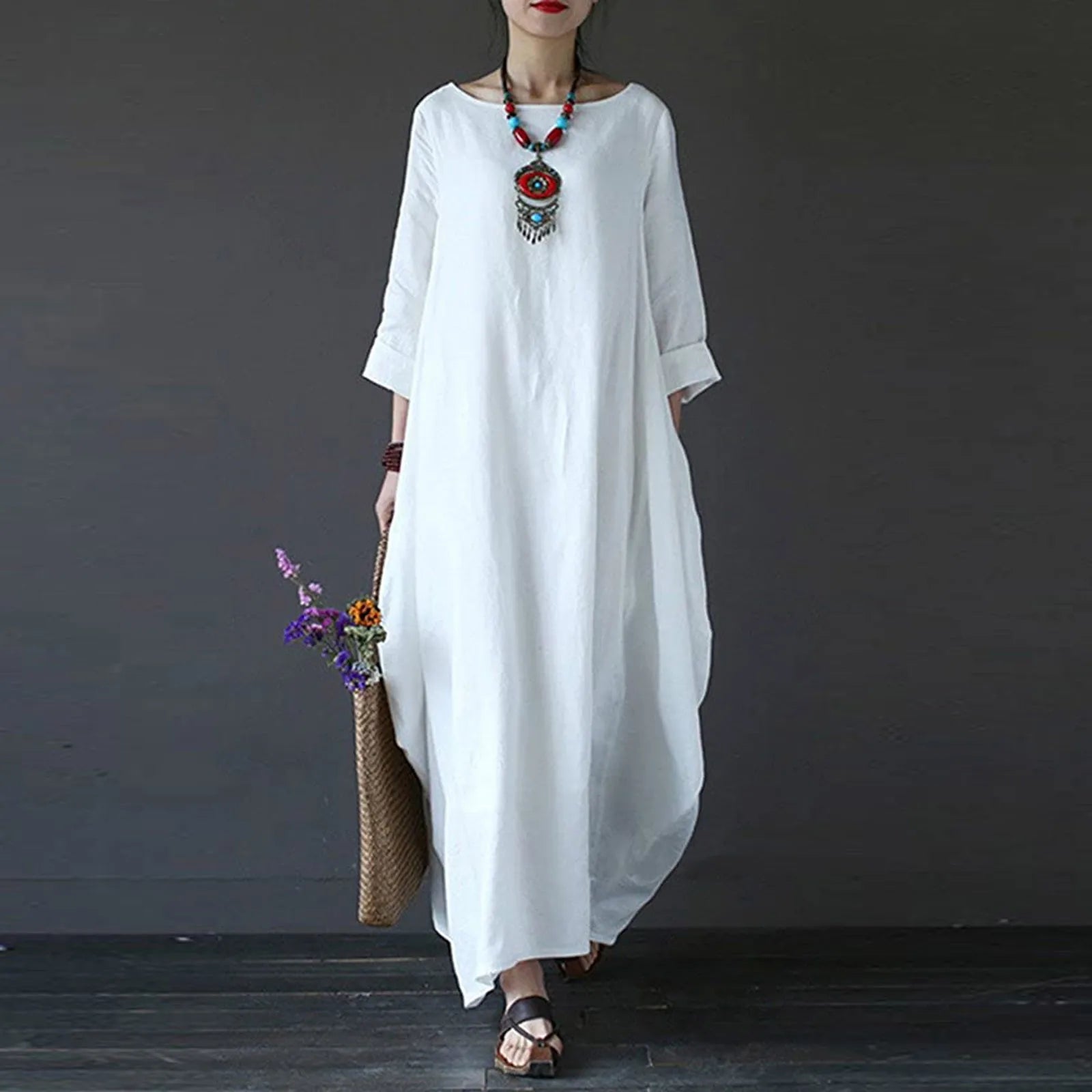 Women Plus Size Boho Dress Ladies Summer Beach Long Dresses Maxi Oversized Ladies Dress White