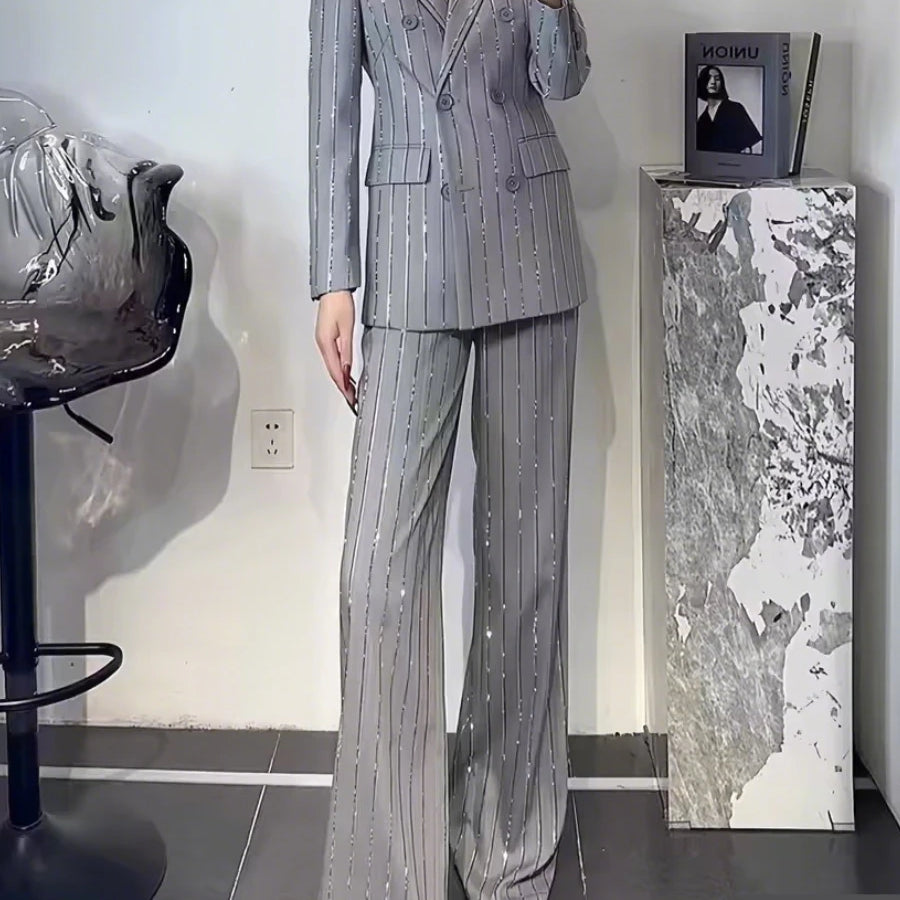 Conjunto de duas peças TWOTWINSTYLE sólido para mulheres, gola entalhada, mangas compridas, patchwork, listrado, blazers, cintura alta, calças femininas, novo