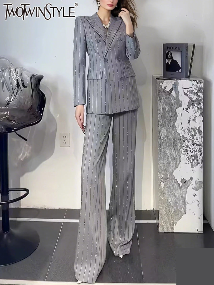 TWOTWINSTYLE Solid Two Piece Set for Women Notched Neck Long Sleeves Patchwork Stripe Blazers High Waist Pant Sets Female New