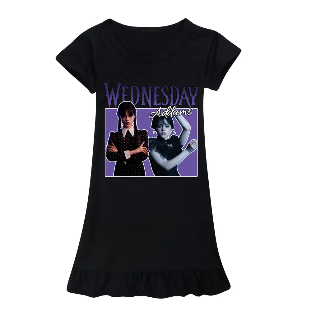 Summer Fashion Wednesday Addams Costume Kids Casual Dress Toddler Girls Short Sleeve Dresses Children A-line Party Sundress COLOR 13