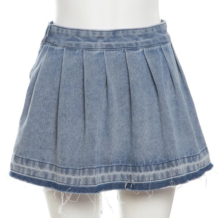 Weird Puss Pleated Denim Skirts Women Summer Trend Vintage Y2K Fashion Wild Streetwear Casual Hipster A-Line Skirt Bottoms