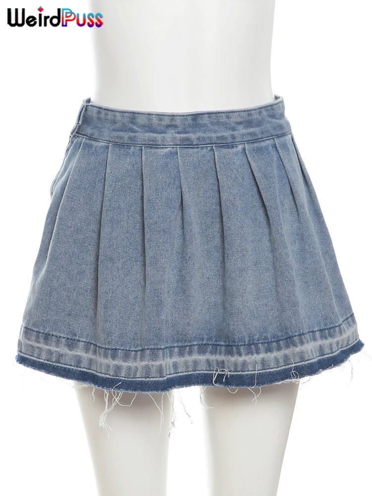 Weird Puss Pleated Denim Skirts Women Summer Trend Vintage Y2K Fashion Wild Streetwear Casual Hipster A-Line Skirt Bottoms