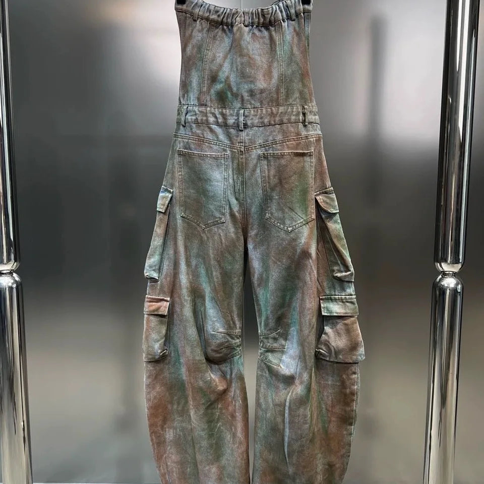 Women's Off Shoulder Jumpsuit Elastic Waist Stretchy Camouflage Cargo Loose Wide Leg Overall Rompers