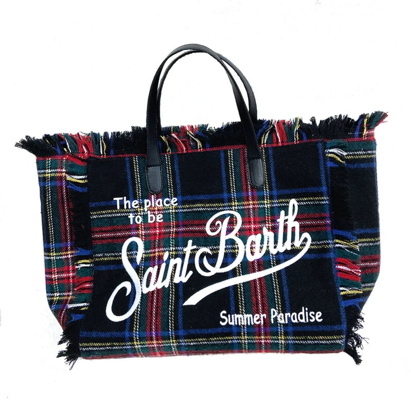 Tote Bags For Women 2024 New Luxury Handbags Embroidered Letter Spliced Triped Plaid Tassel Woolen Bag Fashion Large Bags