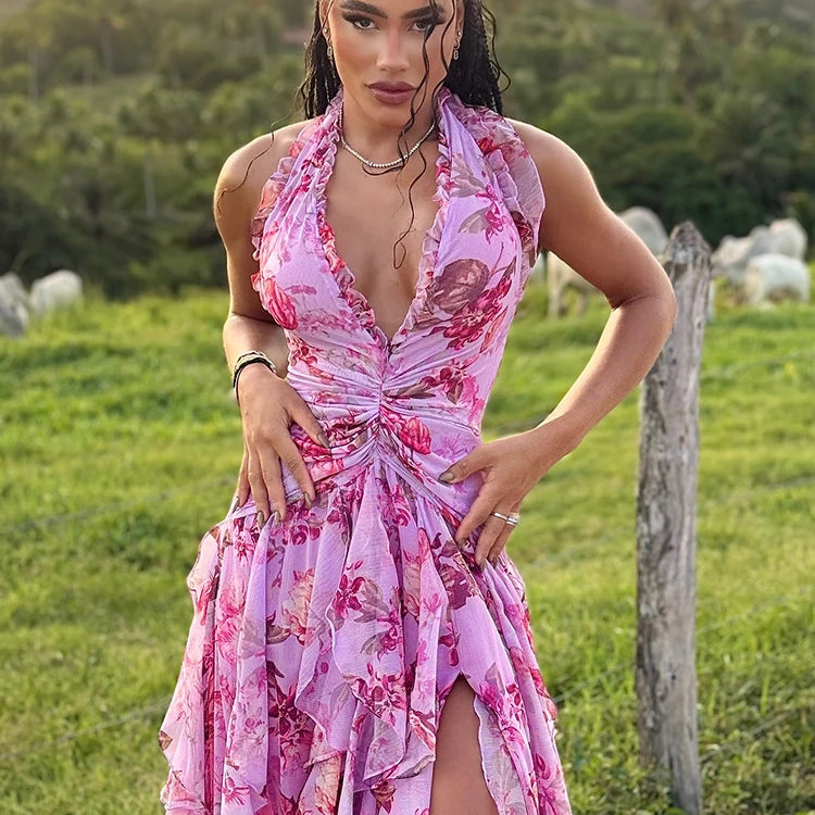 VC Elegant Pink Floral Halter-Style Ruffled Dress with Side Slit for High-Profile Outdoor Occasions Evening Gown