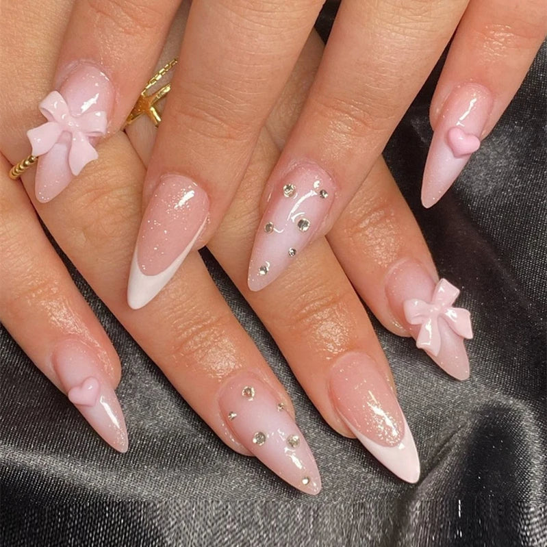 Pink French Style Fake Nails Almond Ballerina Press on Nails 3D Bowknot Designs Nude Color Stick-on False Nails Tips 24Pcs