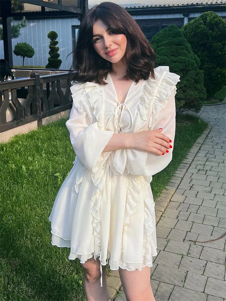 Tossy V-Neck Lace-Up Ruffled Mini Dress For Women Summer Mesh Bandage High Waist Fashion Party Dress Gown Female Mini Dress 2024