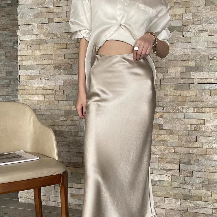 Silk Satin Skirts for Women Korean Style Champagne Office High Waist A-line Skirt Fashion Elegant Solid Long Pencil Skirt 2024 gray