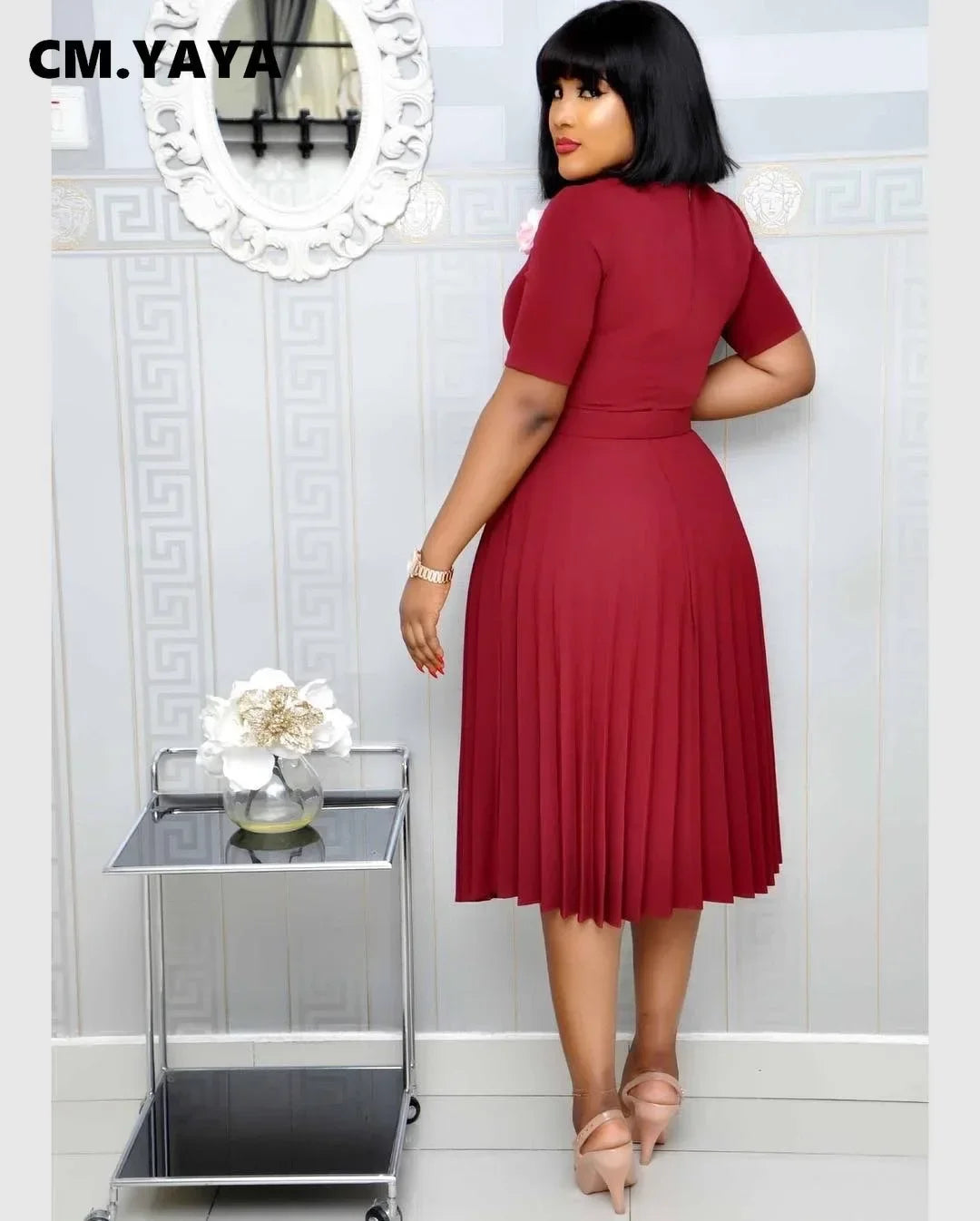 CM.YAYA Summer Midi Pleated Dress Short Sleeve Office Lady Africa Sashes Women High Waist Elegant Dresses Vestidos