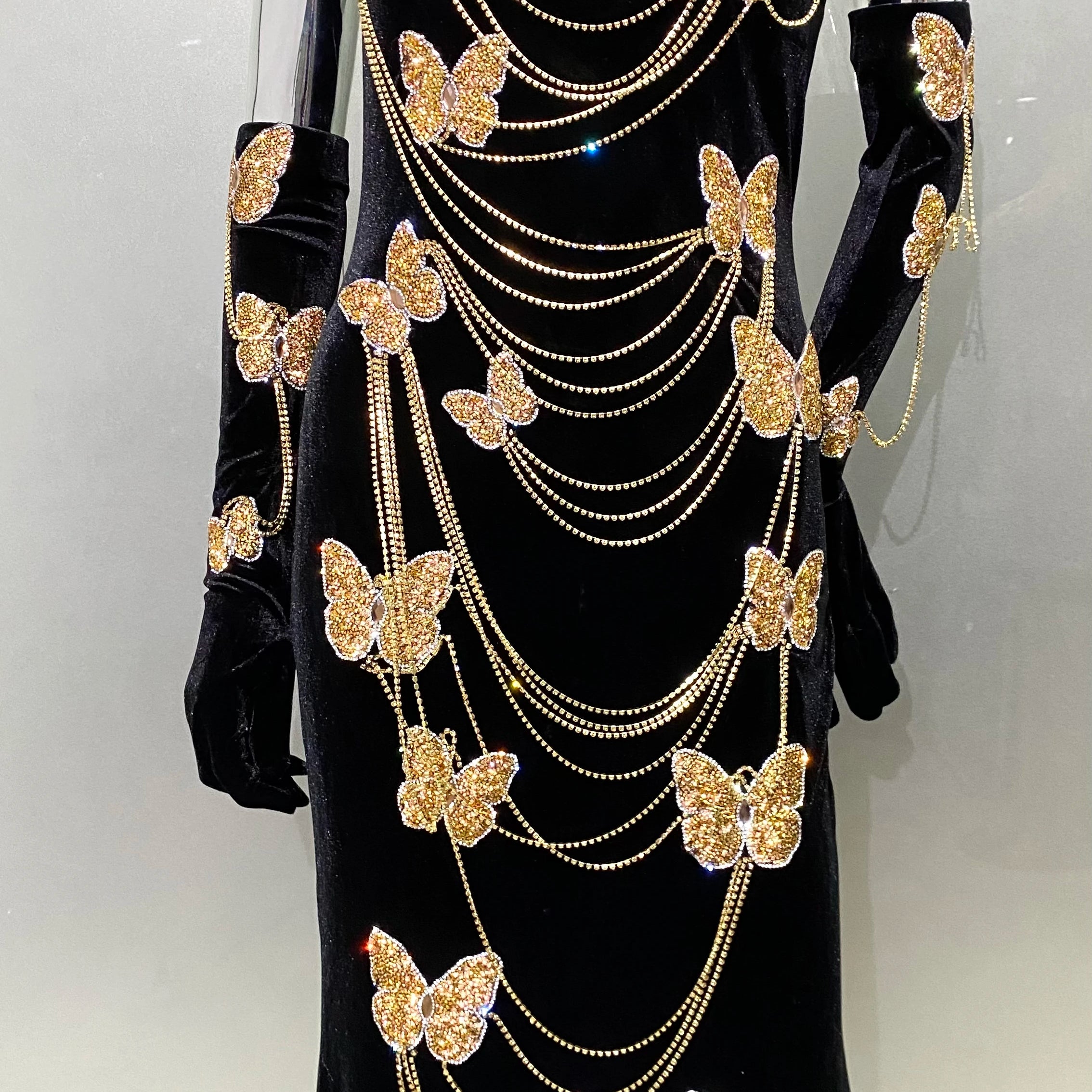 Fashionable Gloves Gold Shining Diamond Butterfly Strapless Black Long Dress Celebrity Luxury Evening Dress Performance costume
