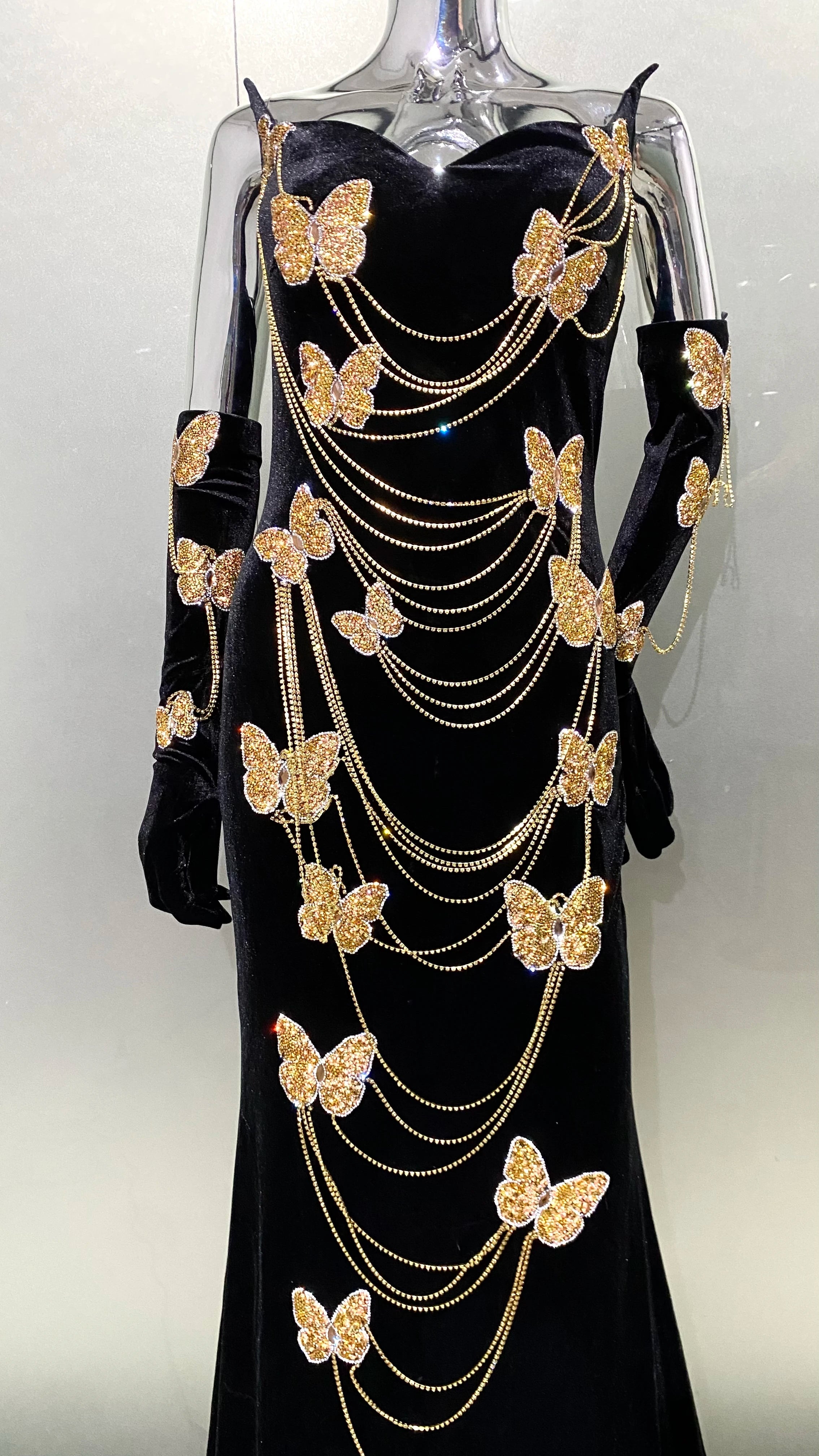 Fashionable Gloves Gold Shining Diamond Butterfly Strapless Black Long Dress Celebrity Luxury Evening Dress Performance costume
