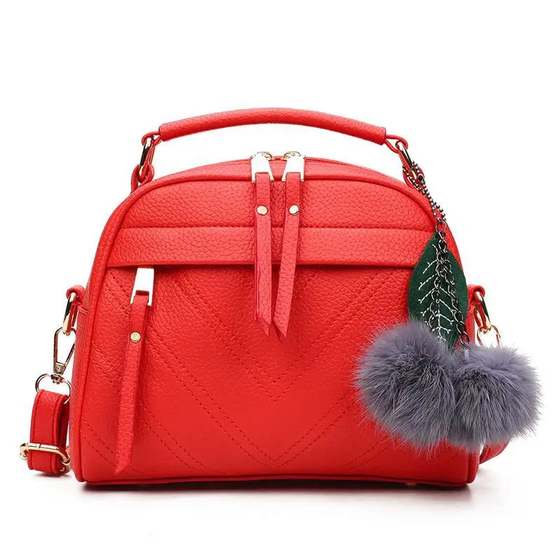 Women Messenger Bags PU Leather Handbag Inclined Shoulder Bag Women Crossbody Handbags Bag Ball Tassel Bag Red