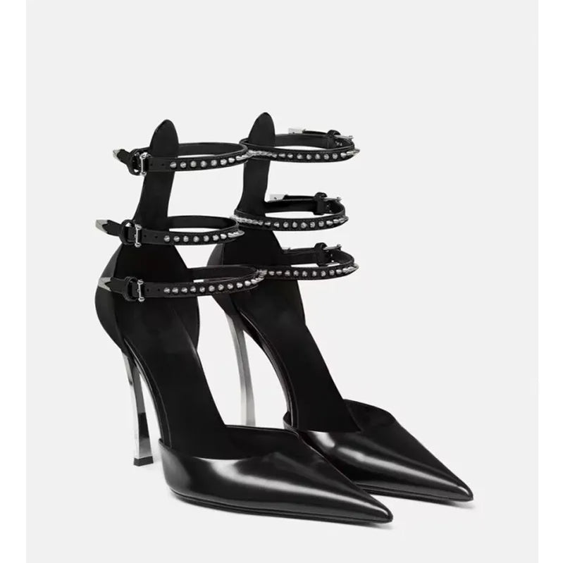 Summer High-end New Metal Stiletto Sandals Fashion Pointy Catwalk Fashion Single Shoes Sexy Nightclub Party Wedding High Heels
