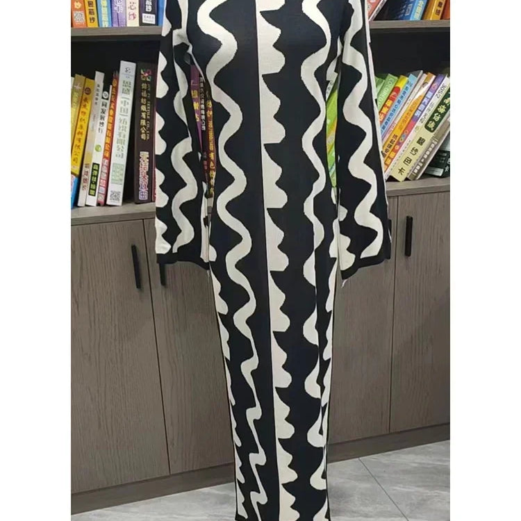 Tossy Striped Contrast Color Knit Maxi Bodycon Dress Boho High Waisted Hollow Out Slim Dresses Women Holiday Dresses Vestidos Black