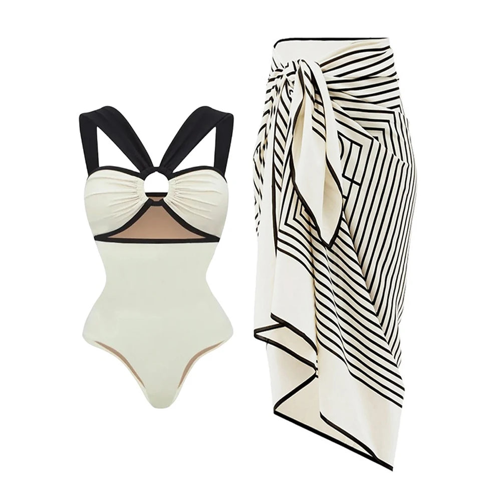 Colorblocked One-Piece Swimsuit and Beach Kaftan Dress Women's Elegant Fashion Bikini 2023 Holiday Luxury Bathing Suit Beachwear