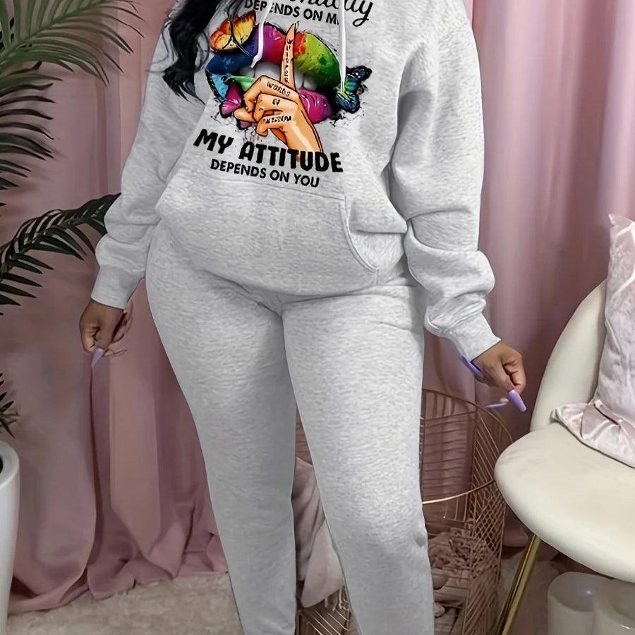 LW Plus Size Buttefly Lip Letter Print Tracksuit Set Hooded Collar Pocket Design Graphic Long Sleeve Winter Outfits for Women