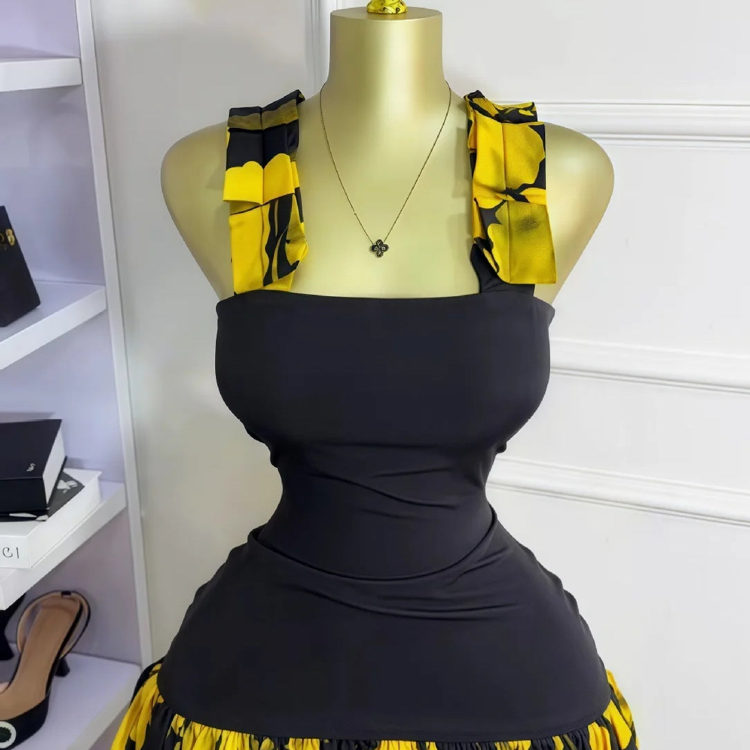 CM.YAYA Women Tie Dye Printed Patchwork Sleeveless Big Swing Bodycon Mid Mini Dress 2025 Vacation Sexy Party Evening Dresses